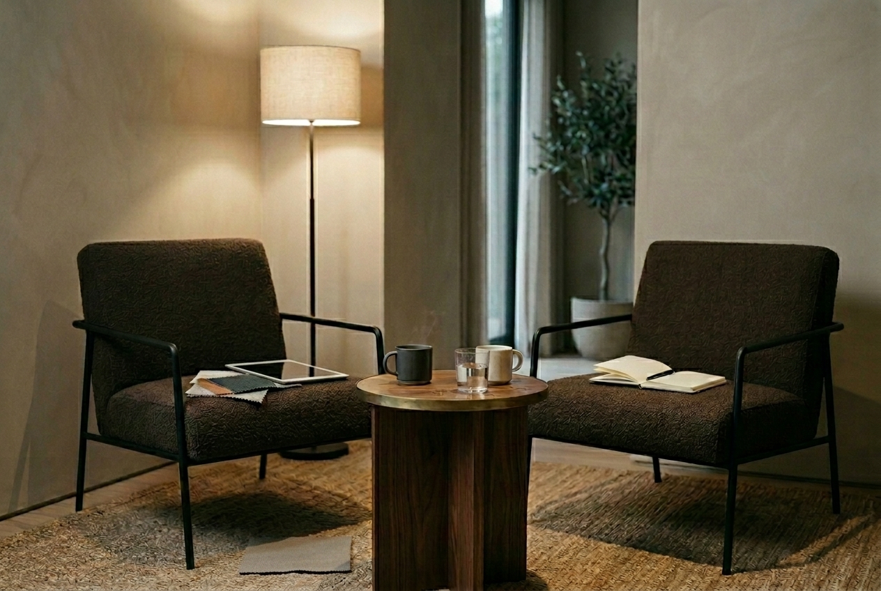 Two empty armchairs face each other over a low table with cooling coffee, a glass of water, and a client's material sample, the quiet moment just after a confidential design consultation.