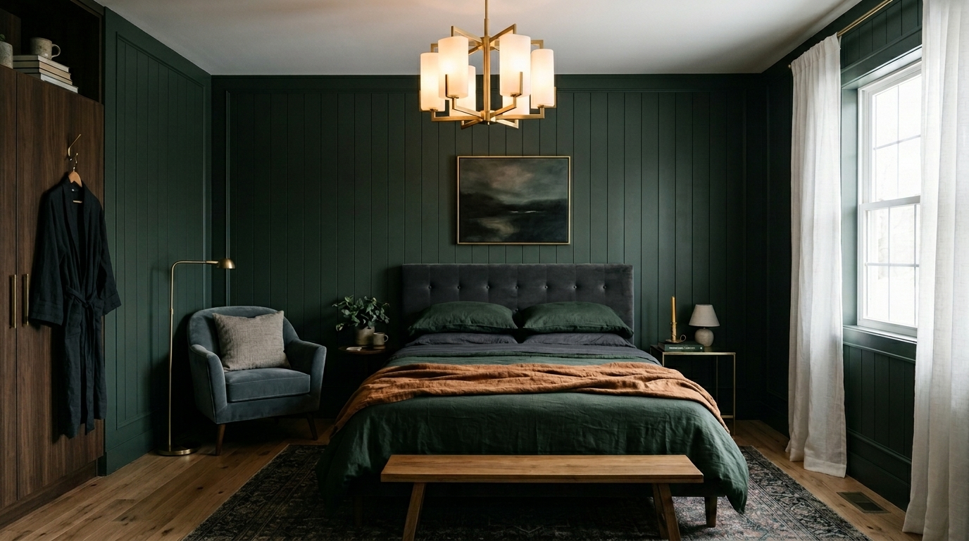 Vamp romantic interior with dark green paneling and velvet furniture