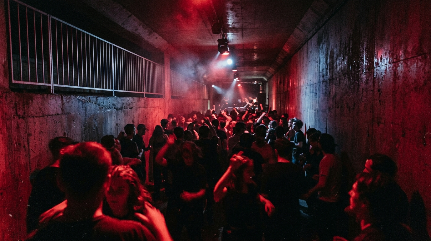 A crowded underground club scene in Berlin, echoing centuries of hidden and secret gathering spaces.